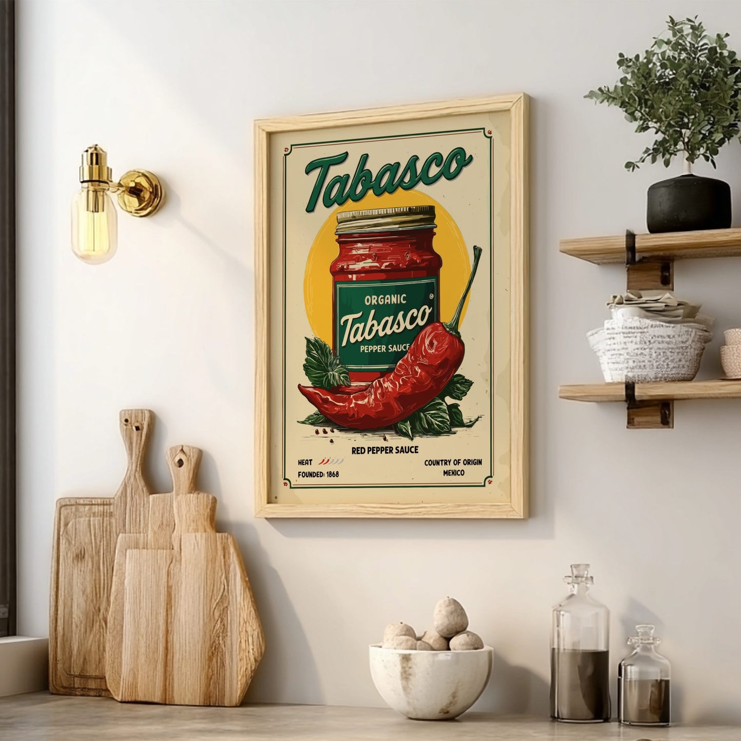 Tabasco sauce poster on a wall with kitchen decor elements.