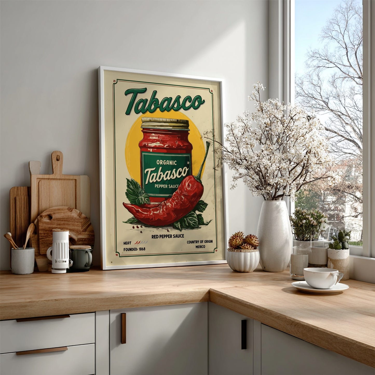 Tabasco poster on a kitchen counter with various items