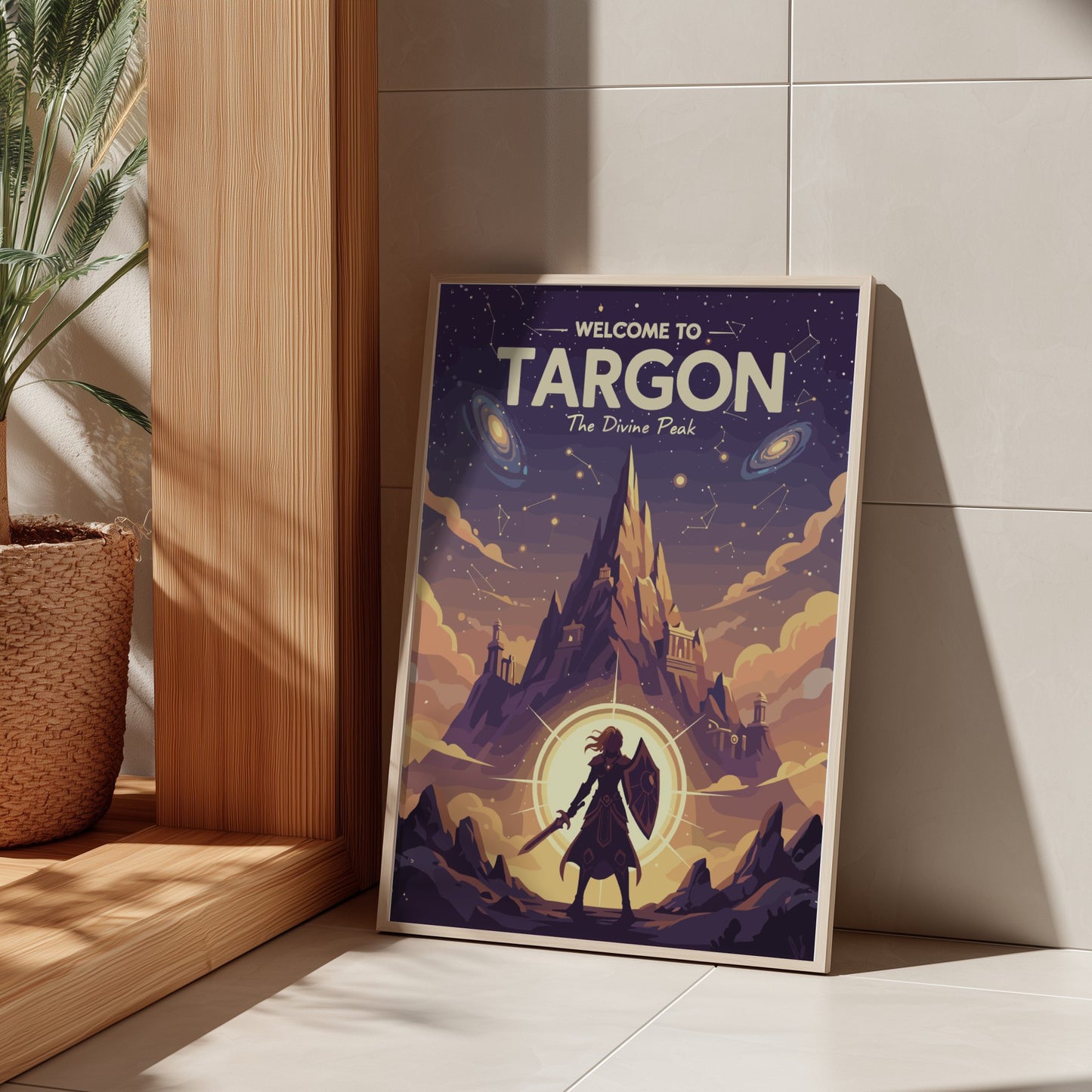 Framed poster with 'Welcome to Targon' text and fantasy design leaning against a wall.
