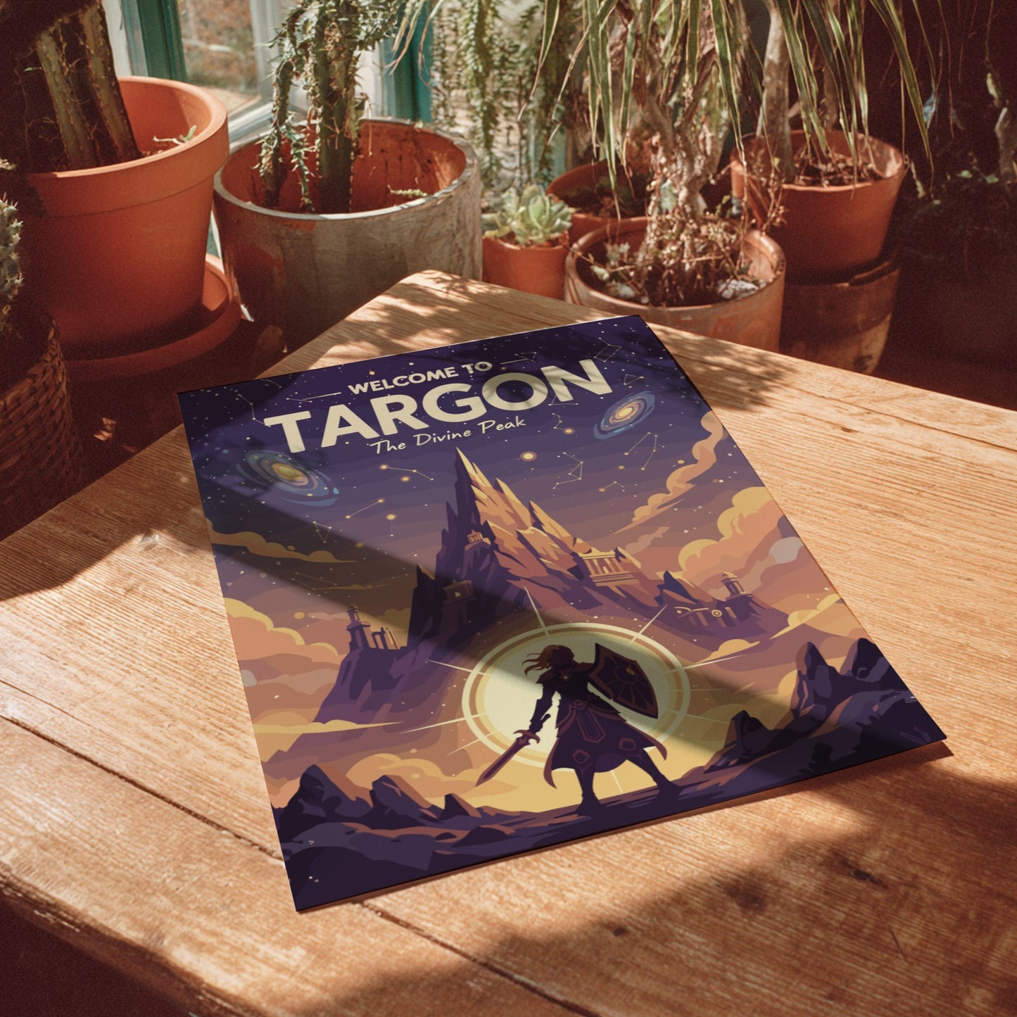 Book titled 'Welcome to Targon' on a wooden table with potted plants in the background