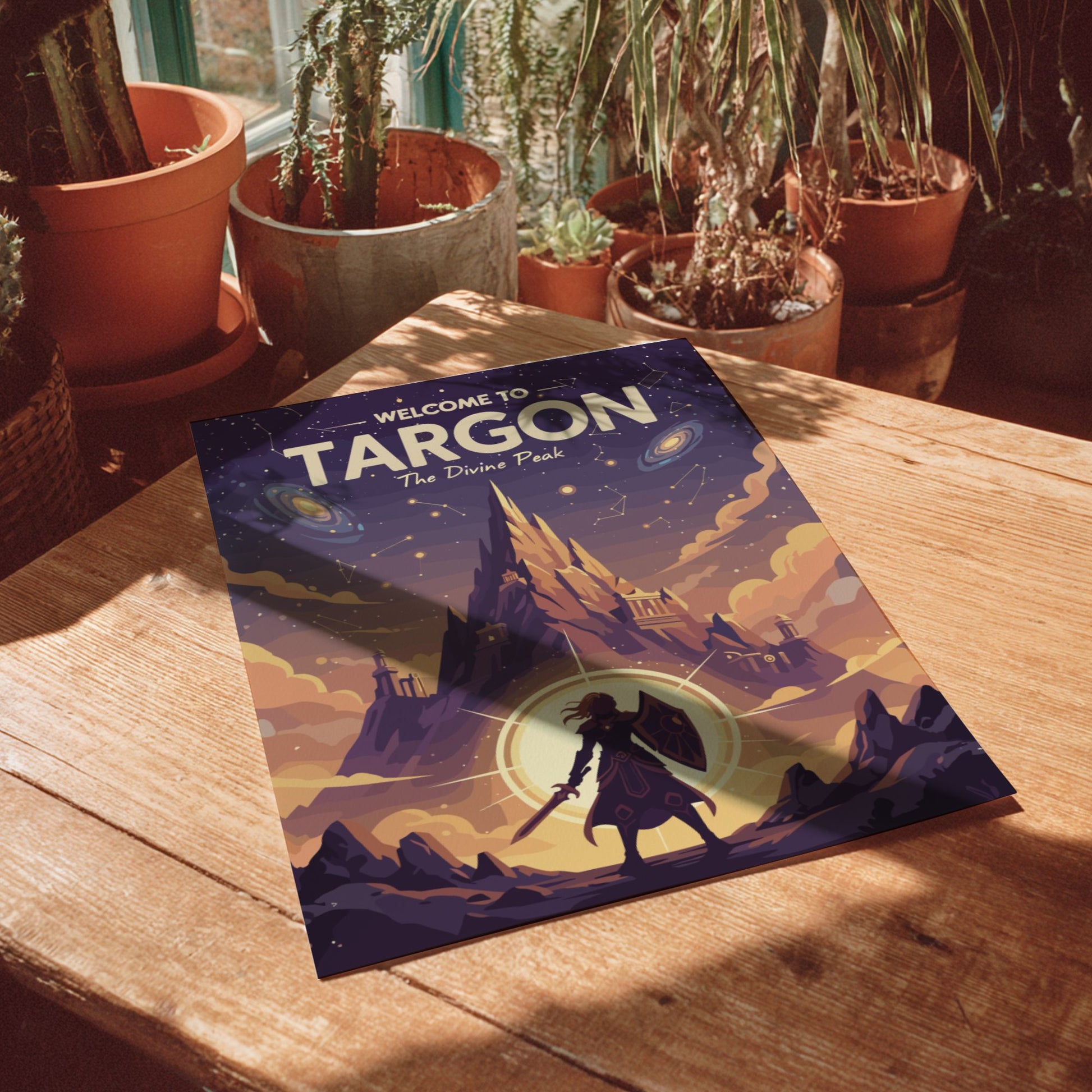 Book titled 'Welcome to Targon' on a wooden table with potted plants in the background