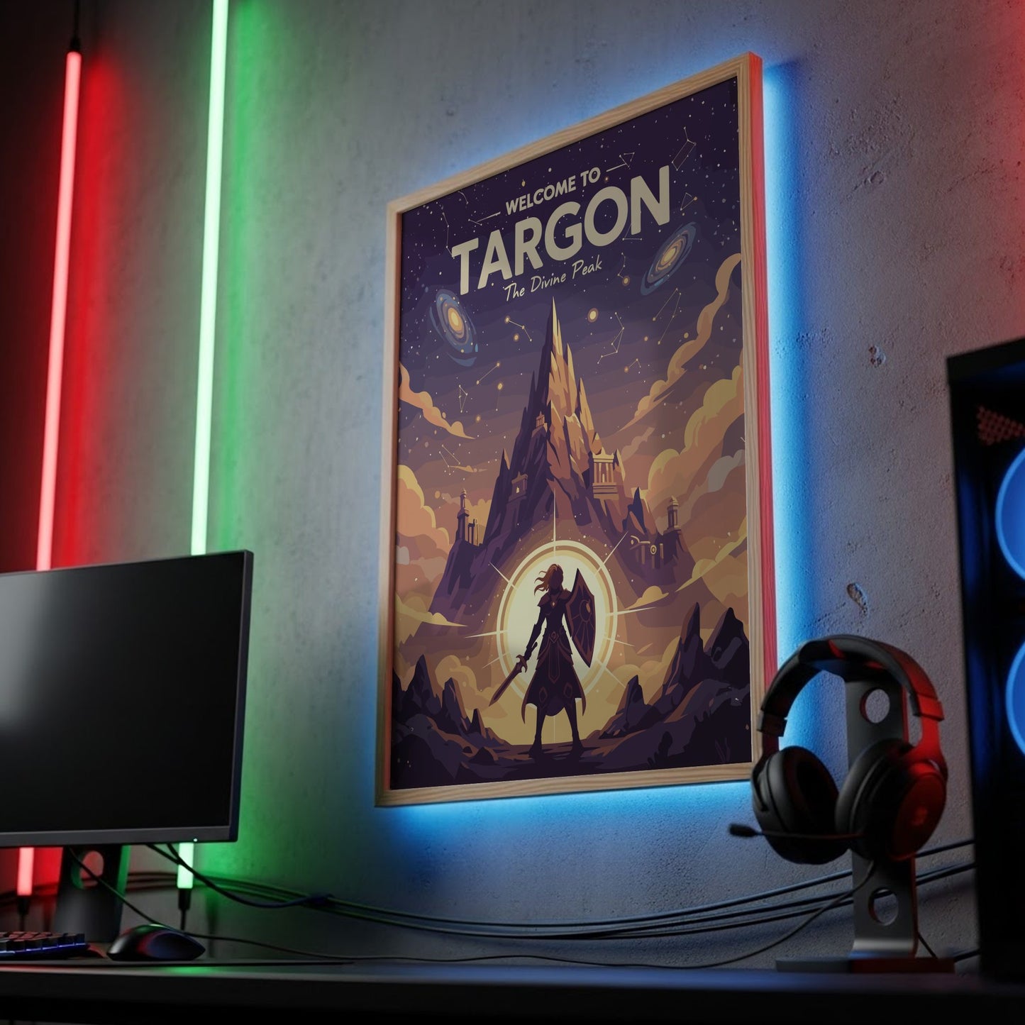 Gaming setup with 'Welcome to Targon' poster on a wall, illuminated by colorful lights.