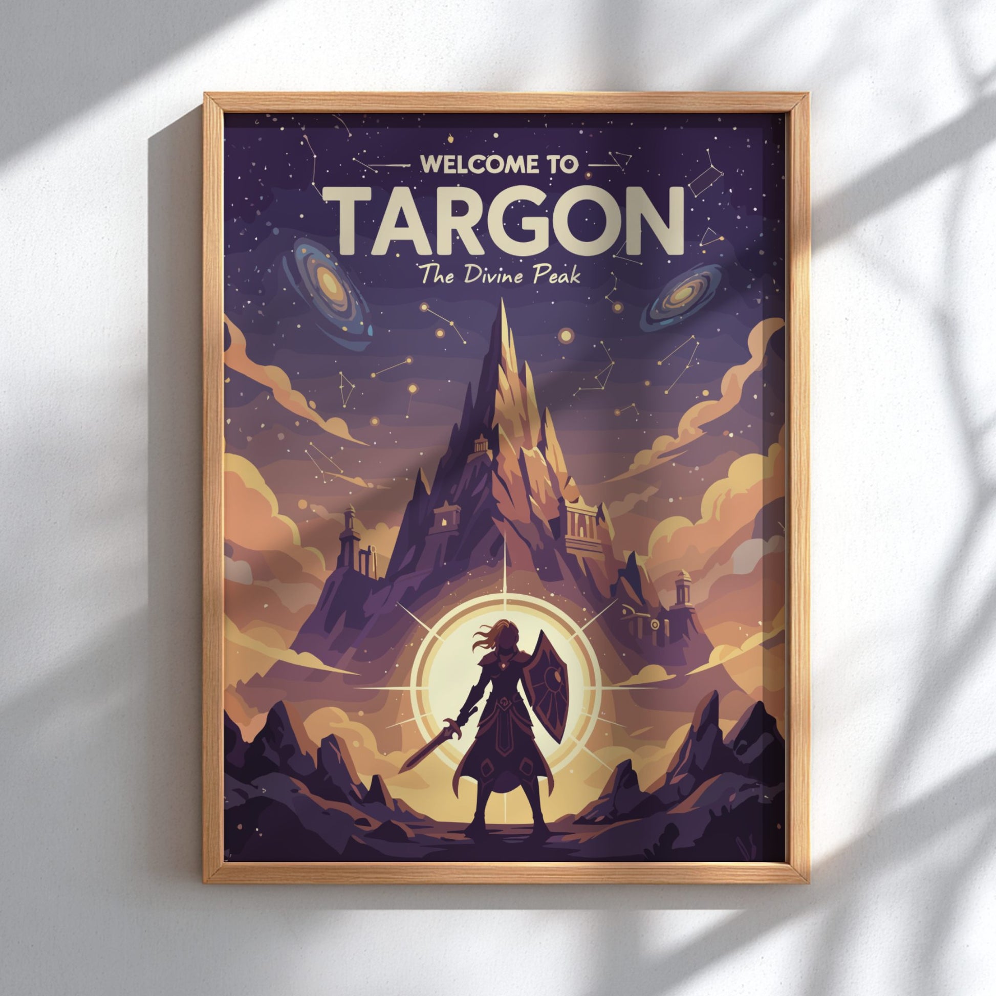 Framed poster with 'Welcome to Targon' text and mountain landscape design.