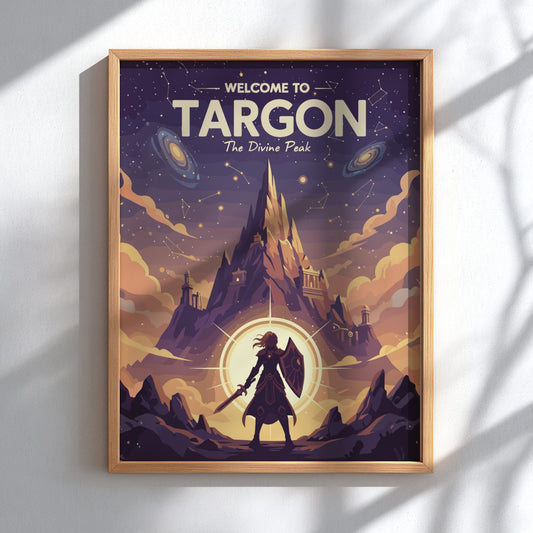 Framed poster with 'Welcome to Targon' text and mountain landscape design.