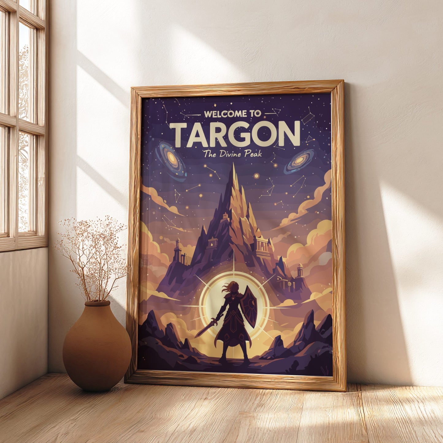 Framed 'Welcome to Targon' poster on a wall with a vase and plant in the foreground.