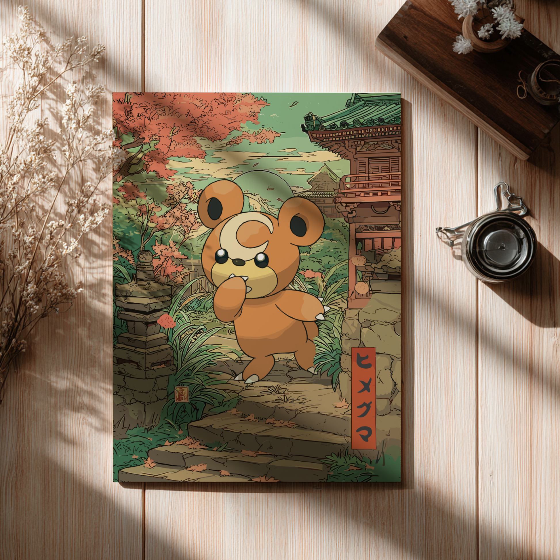Poster with Teddiursa Pokemon design on a wooden surface