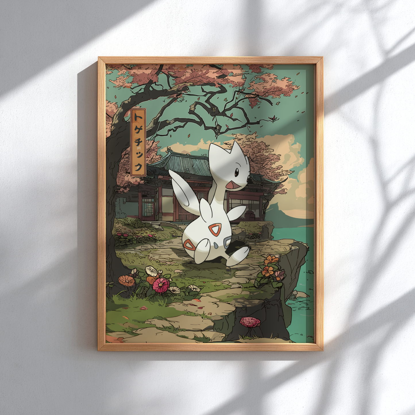 Framed artwork of Togetic Pokemon in a Japanese-style garden with cherry blossoms.