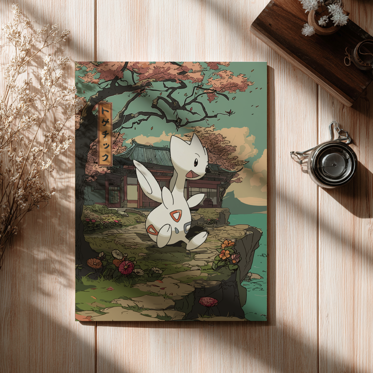 Canvas print of a Togetic Pokemon character in a scenic setting on a wooden surface.