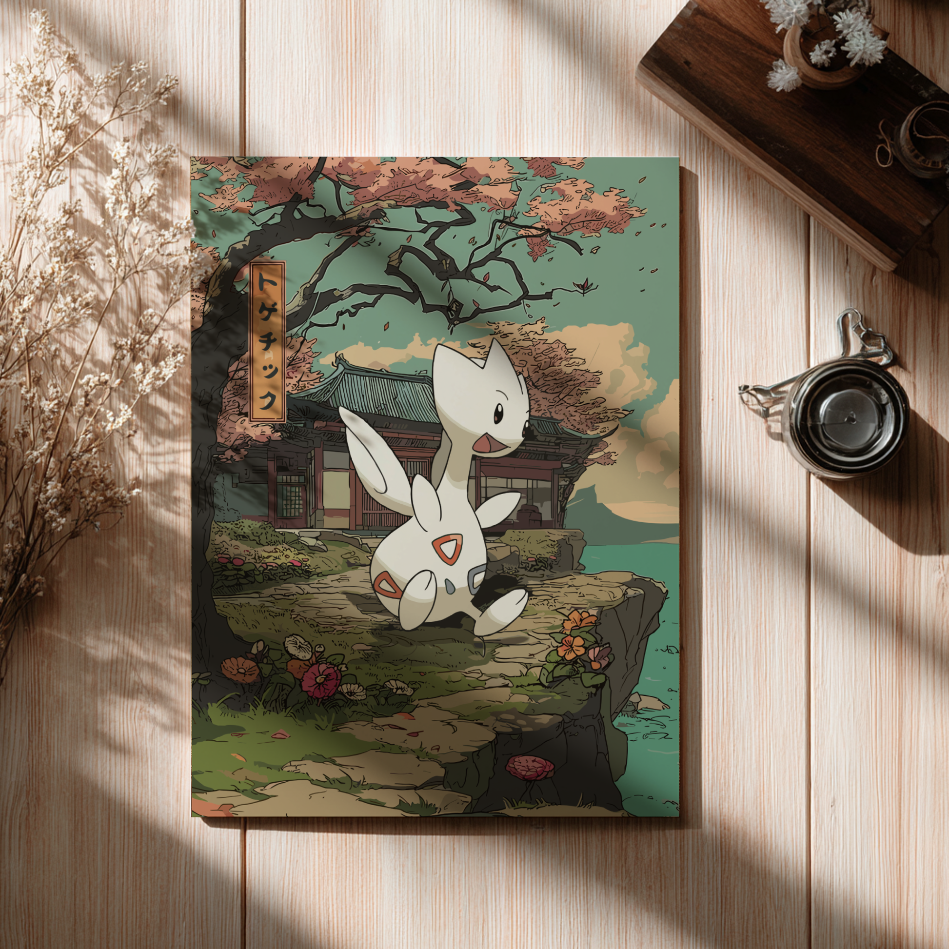 Canvas print of a Togetic Pokemon character in a scenic setting on a wooden surface.
