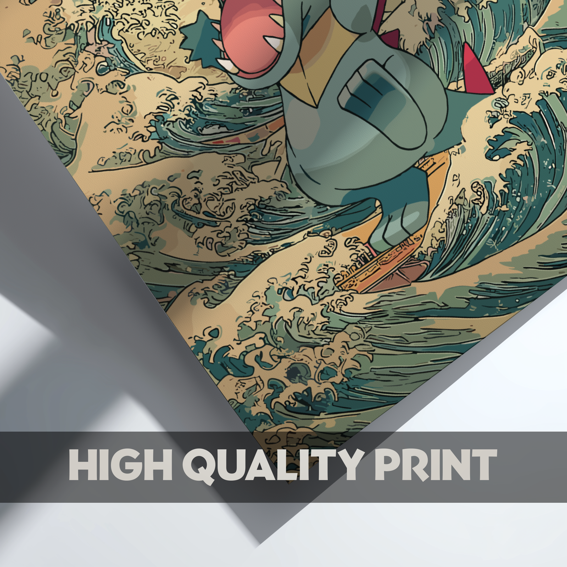 Totodile Pokemon character riding a wave with 'High Quality Print' text overlay