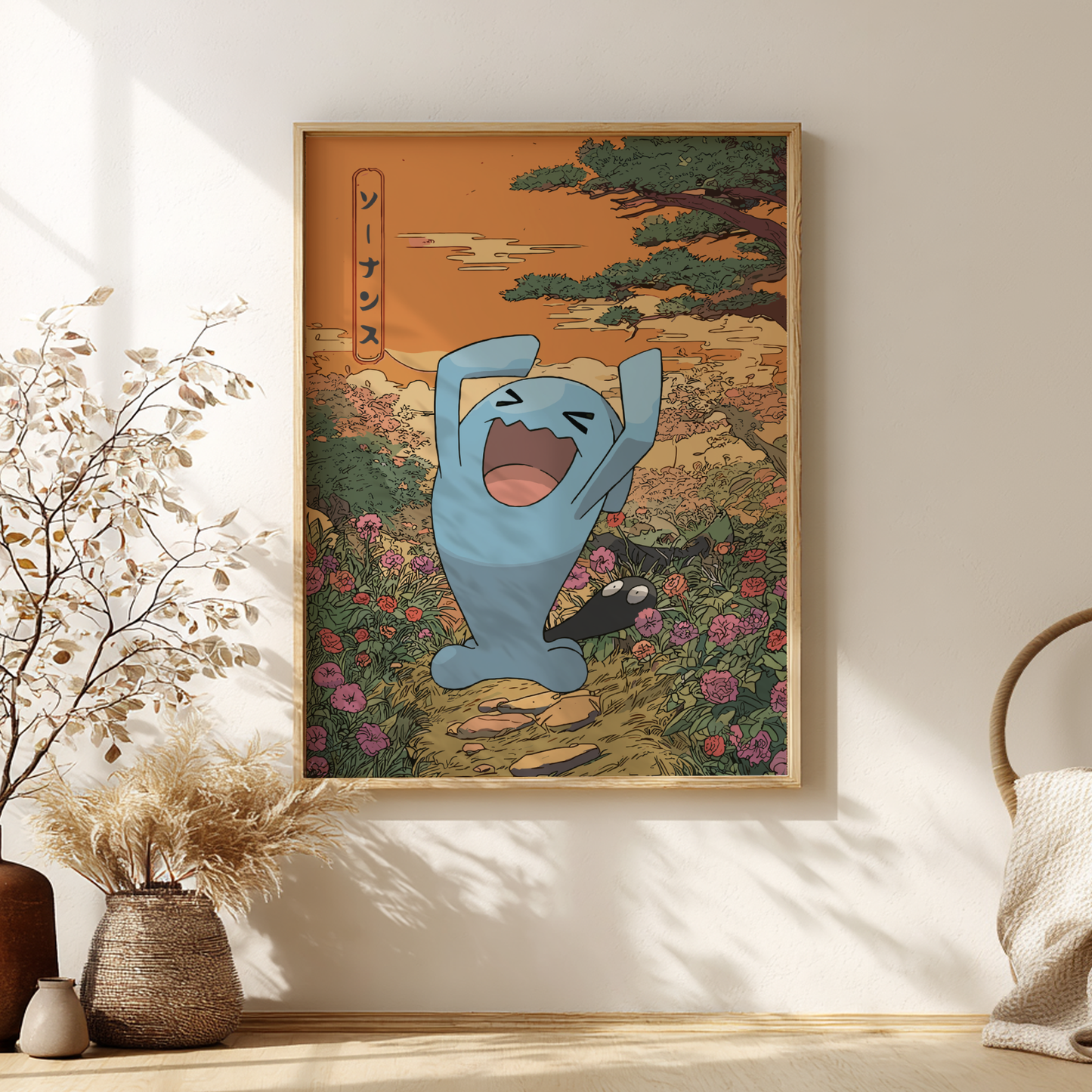 Framed artwork with Wobbuffet Pokemon in a scenic setting on a wall.