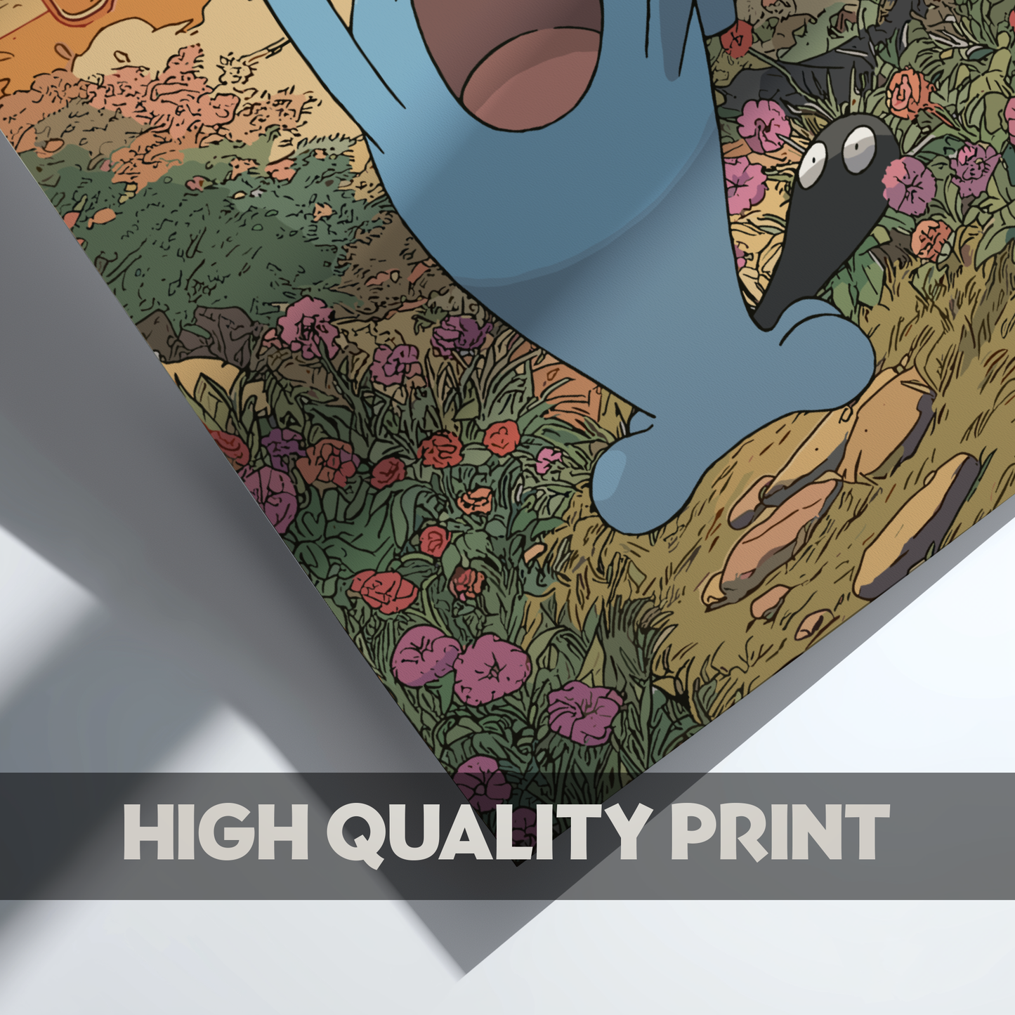 Wobbuffet Pokemon on a colorful background with flowers and grass, labeled 'High Quality Print'.