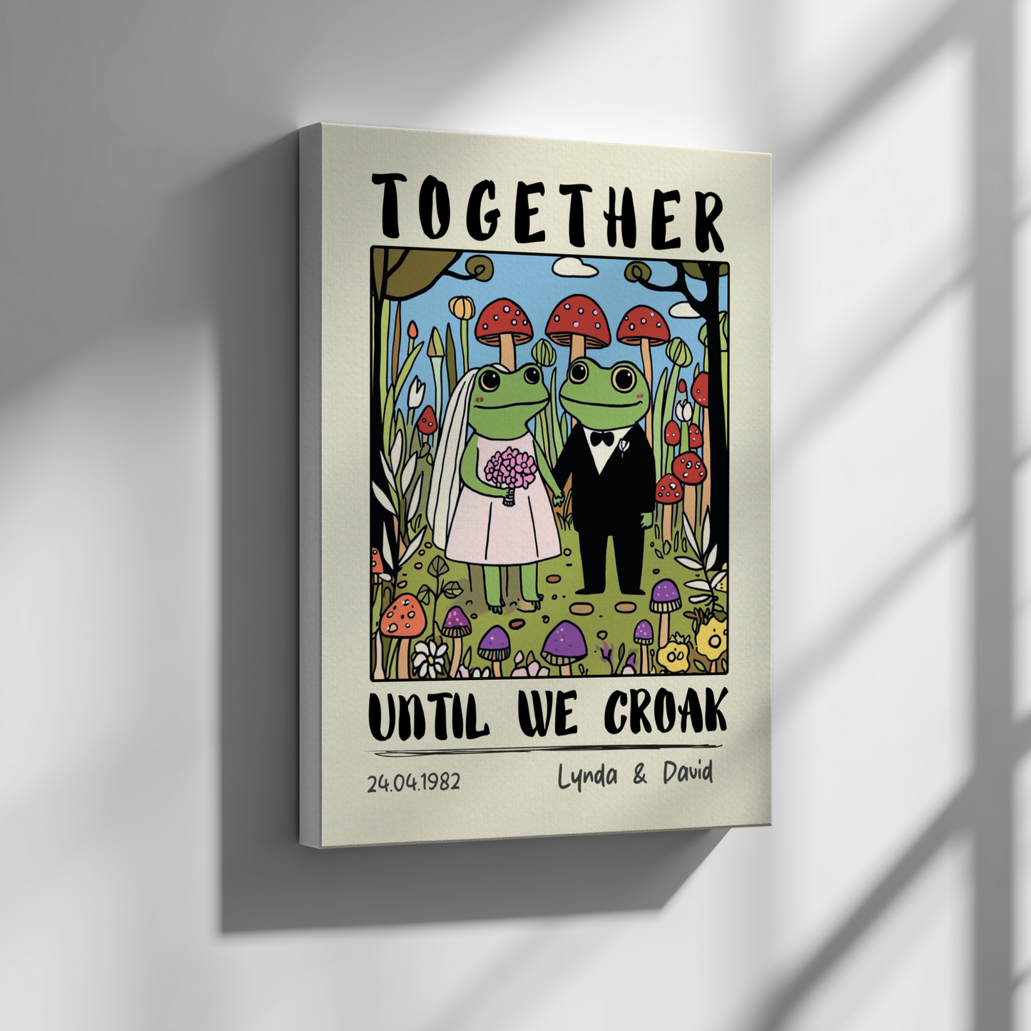 Canvas print with cartoon frogs in wedding attire and mushrooms on a beige background.