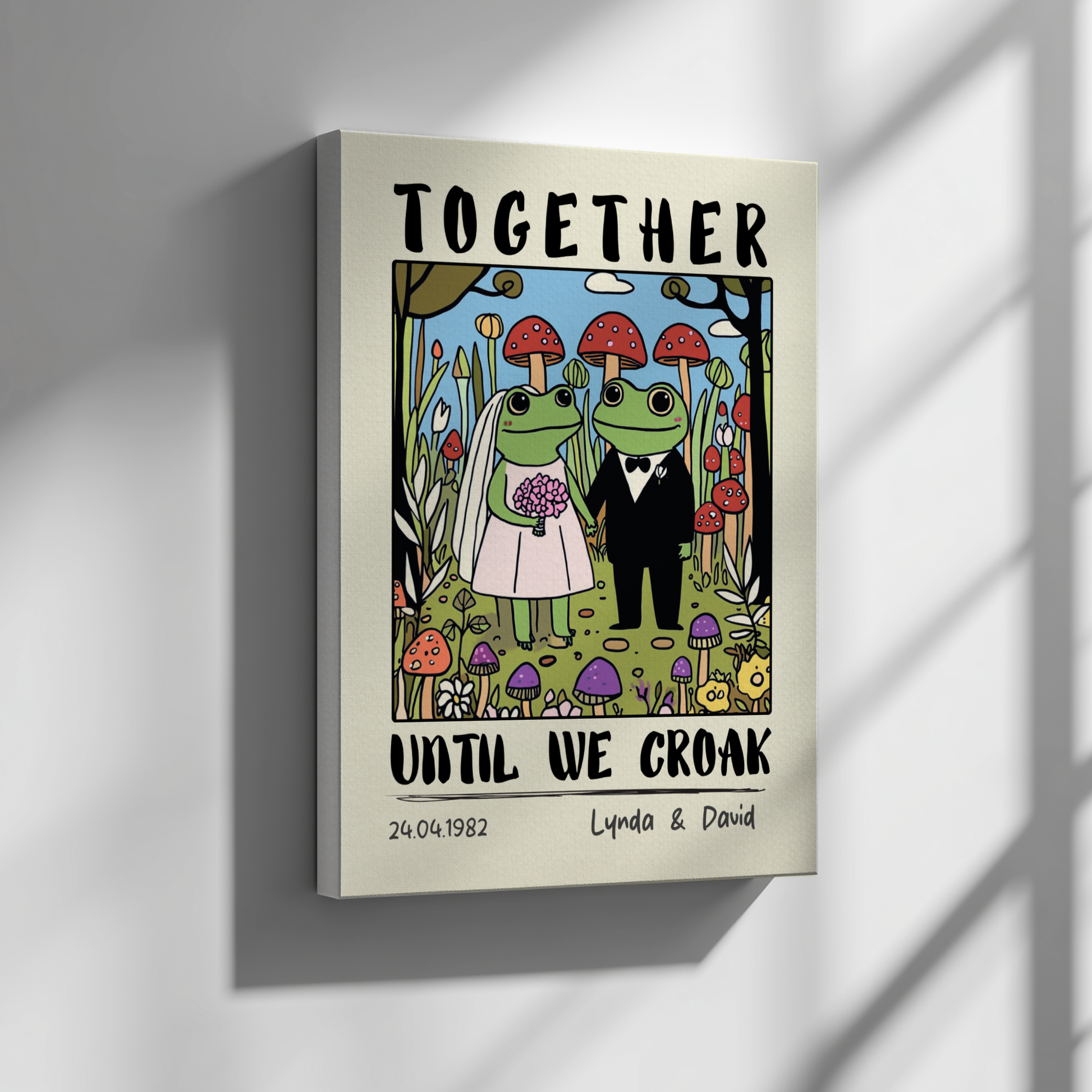 Canvas print with cartoon frogs in wedding attire and mushrooms on a beige background.