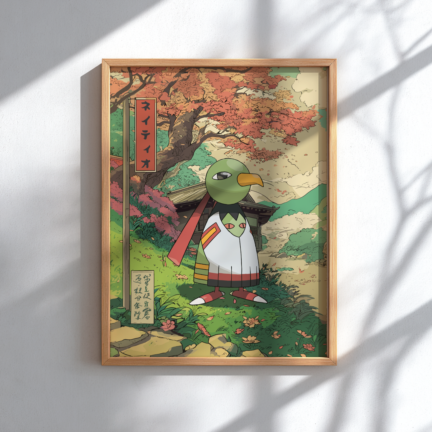 Framed artwork of Xatu Pokémon character in a traditional Japanese setting with trees and a building.