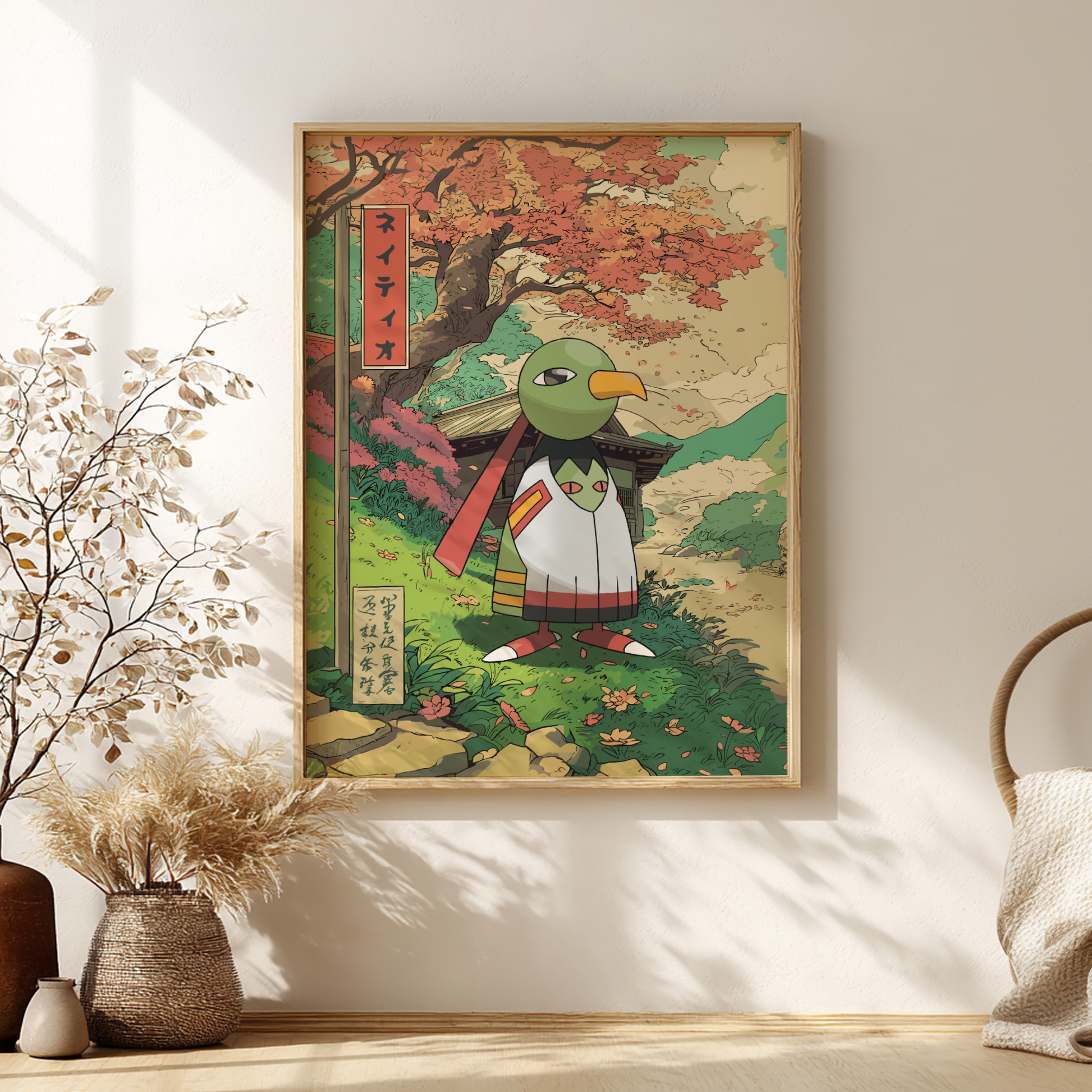 Framed artwork of Xatu Pokémon character in a forest setting on a wall with decorative elements.