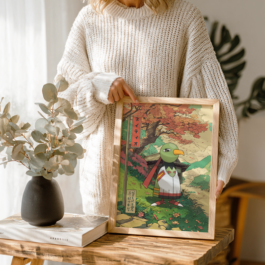 Person holding a framed artwork of Xatu Pokémon on a wooden table.