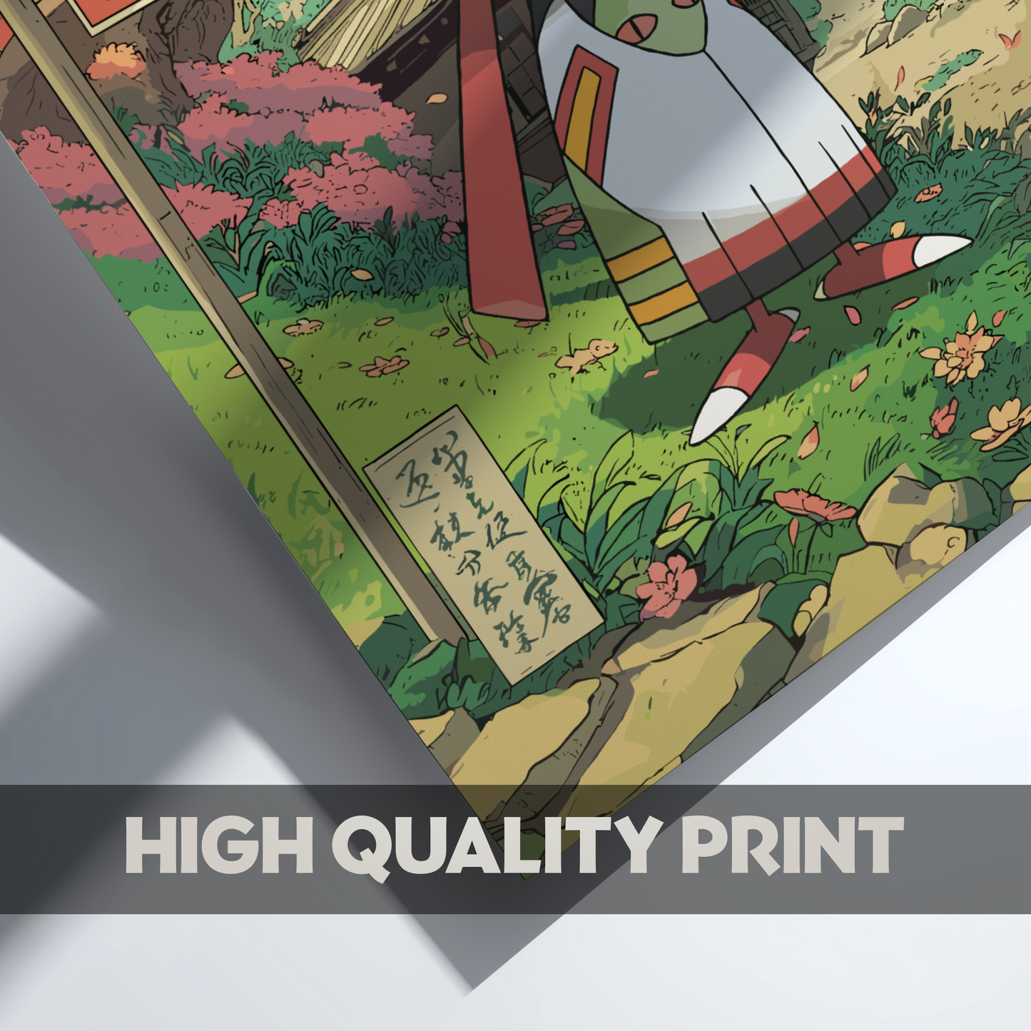 Xatu Pokémon character in a garden with cherry blossoms and a 'High Quality Print' label.