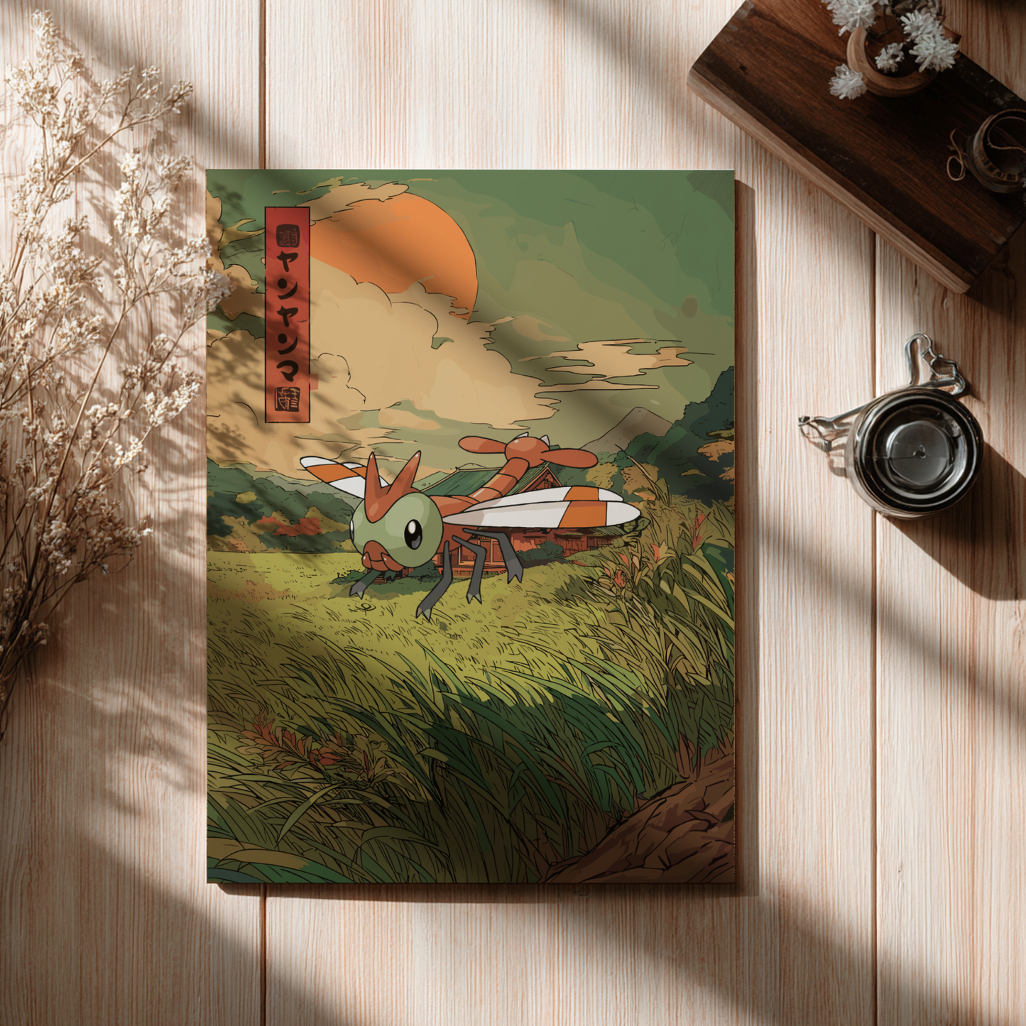 Illustrated poster with a Yanma Pokemon design on a wooden surface