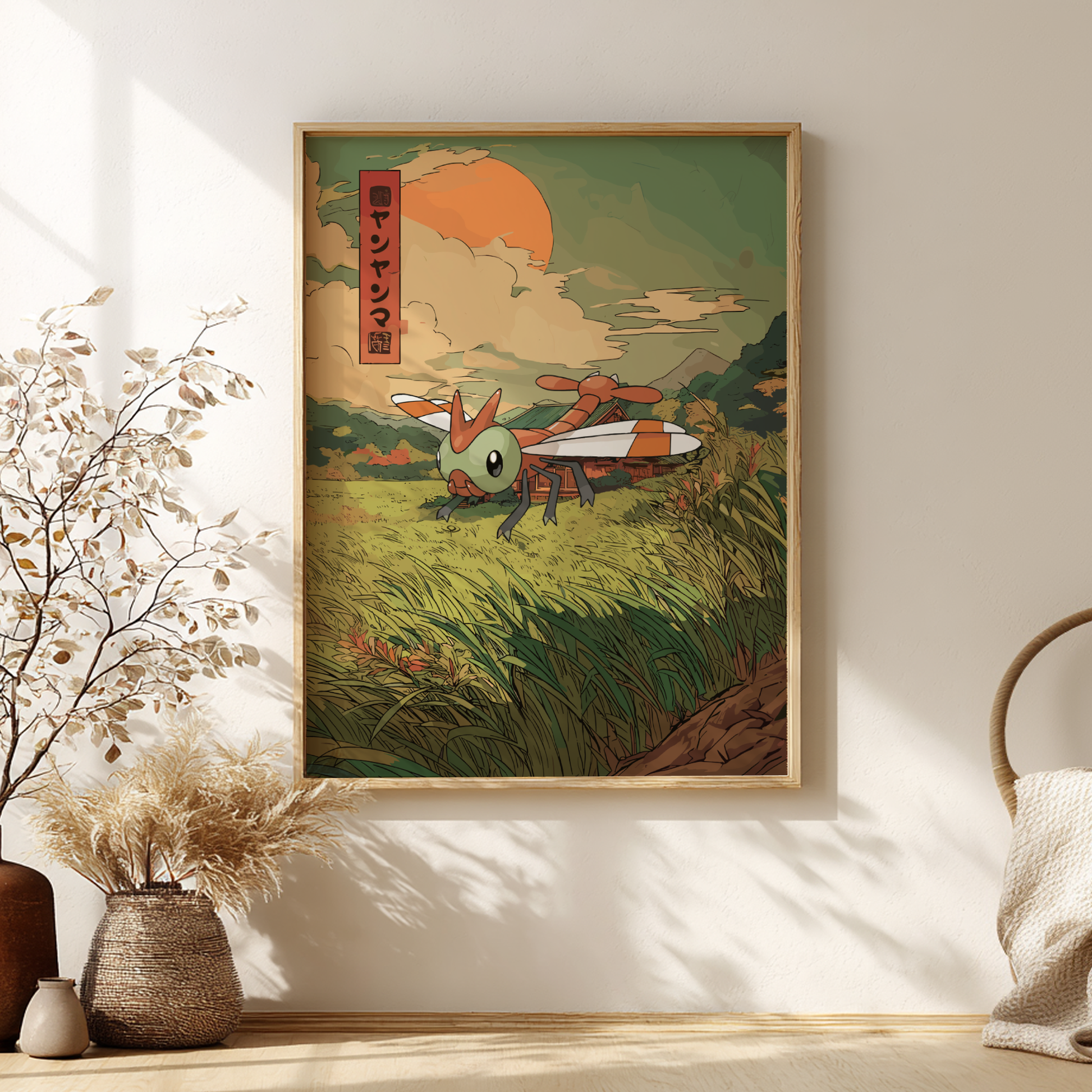 Framed artwork of a stylized Yanma Pokemon in a natural setting on a wall.
