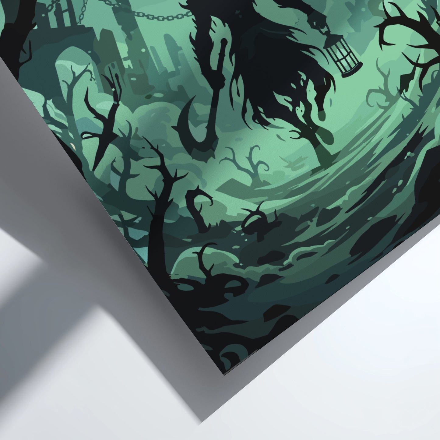 Horror-themed artwork with a ghostly figure holding a lantern in a misty, tree-lined landscape.