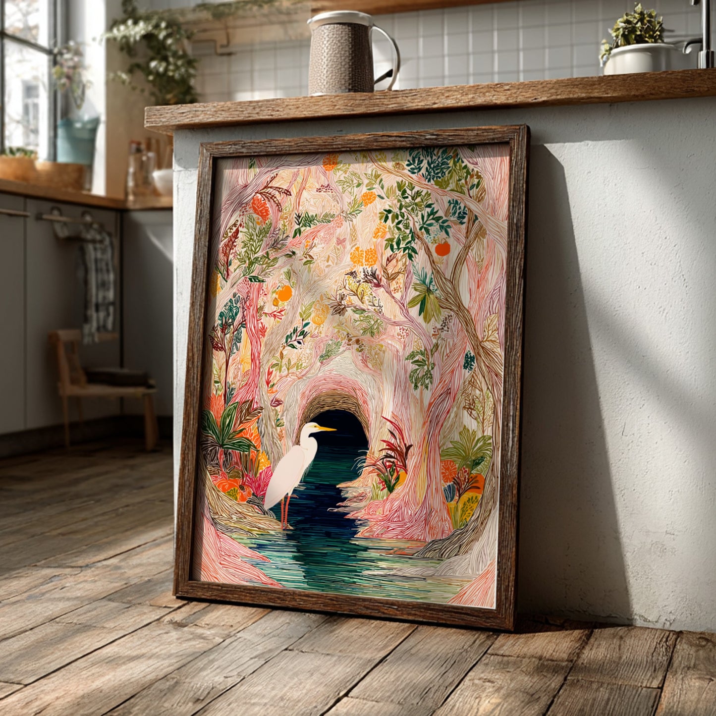 Mangrove Heron Art Print featuring a white heron by a dark water channel in a colorful, textured for