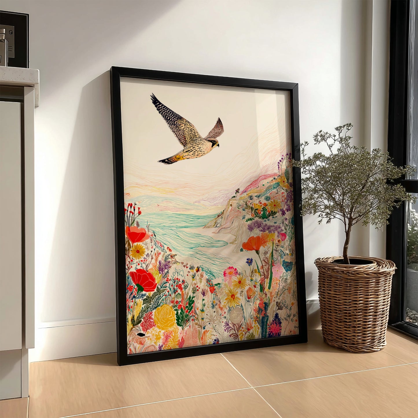 Clifftop Falcon Bloom poster featuring a falcon flying over a colorful floral cliffside and sea.
