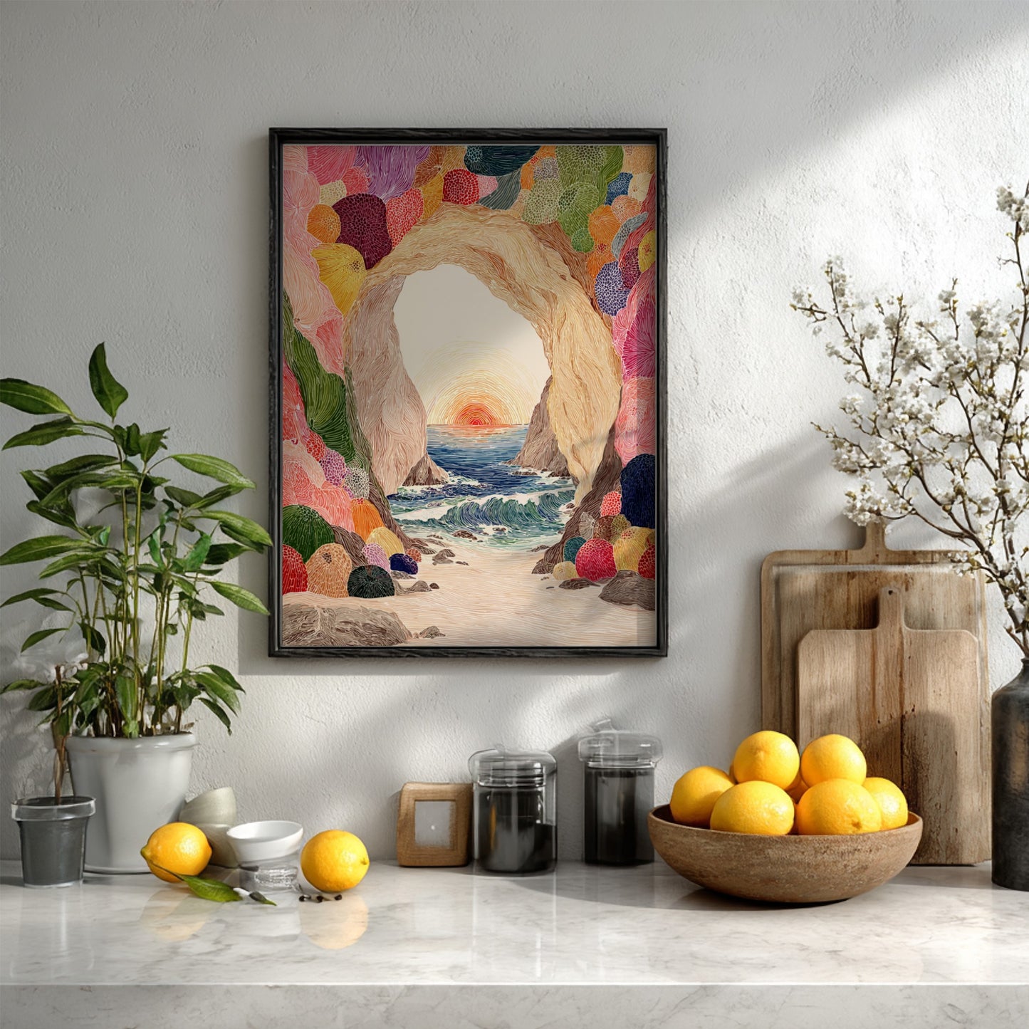 Tide Cave Sunset poster featuring a cave opening overlooking a colorful sunset over the ocean.