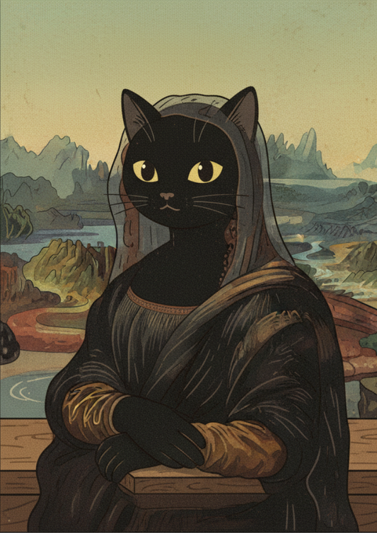 Mona Lisa as a black cat in a classical painting style