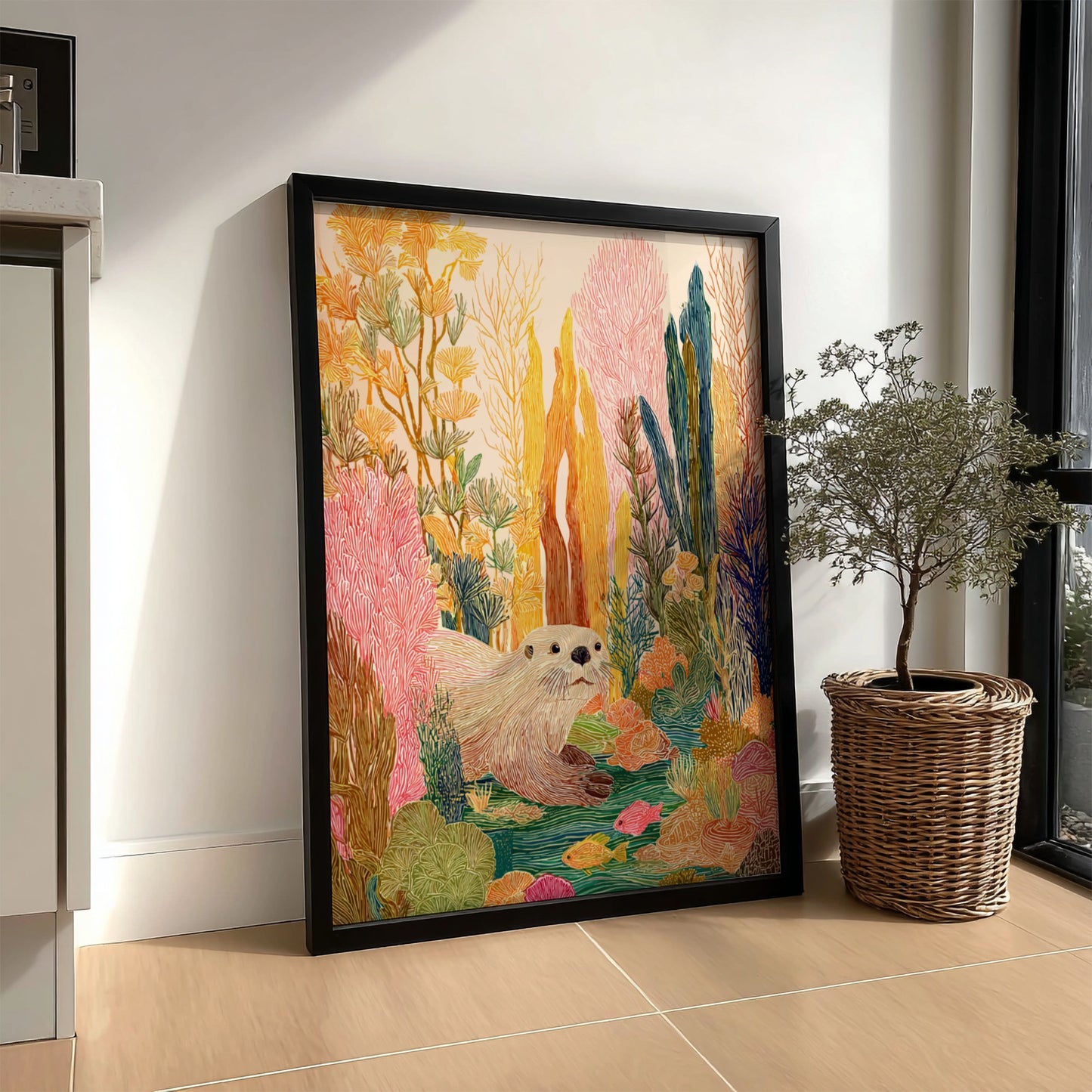 Kelp Otter Gold art print featuring a cute otter in a colorful underwater kelp forest.