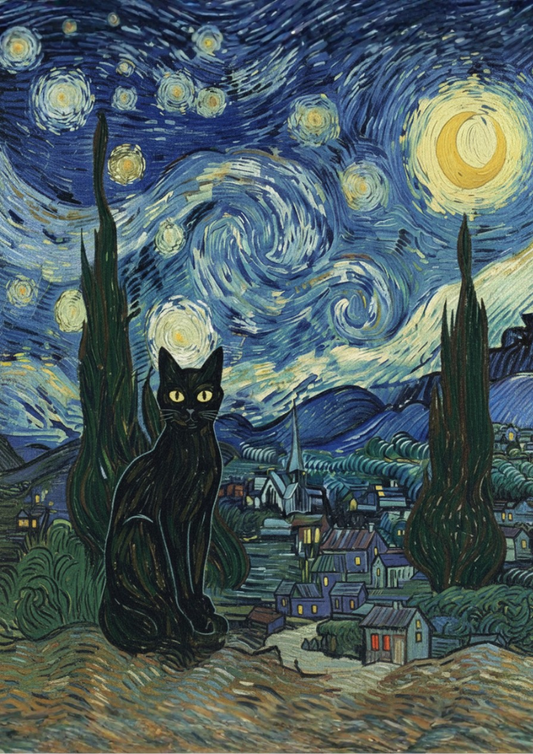 Black cat in front of a stylized Van Gogh-style starry night sky