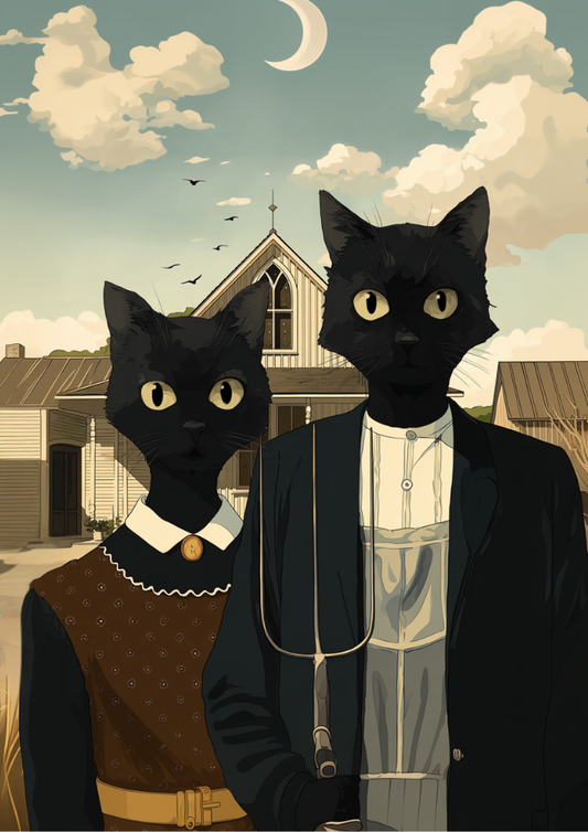 Two black cats in formal attire standing in front of a house with a cloudy sky.