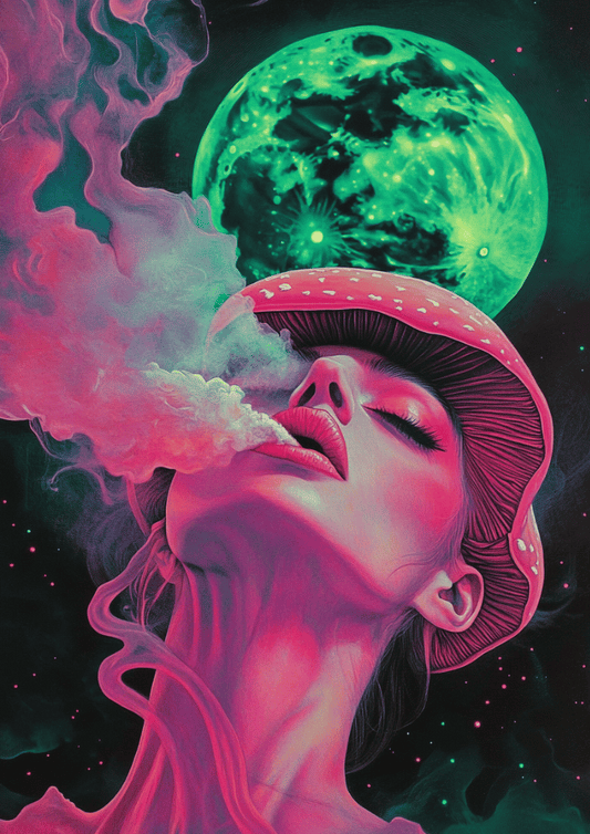 Trippy Mushroom Girl Poster – Lunar Drift Psychedelic Smoke Art Print, Neon Dreamscape Wall Decor, Edgy Modern Surrealism Poster