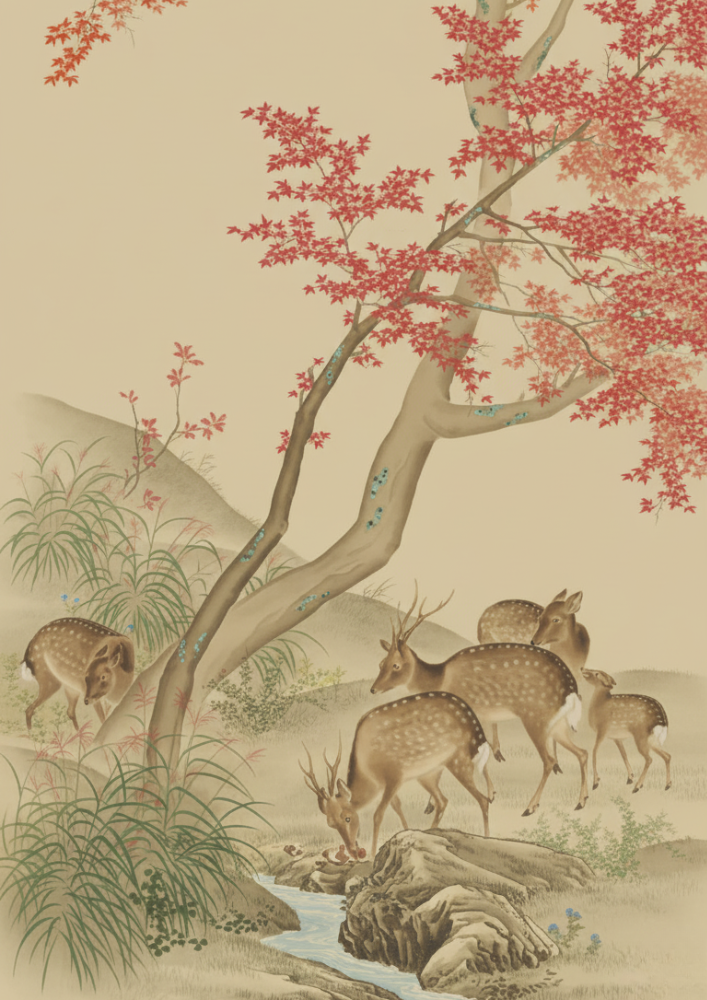 Traditional illustration of deer near a tree with red blossoms