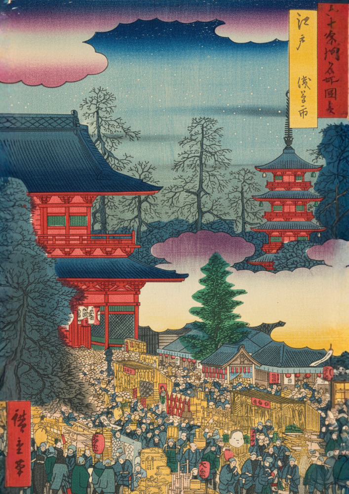 Traditional Japanese artwork depicting a bustling street scene with red pagodas and people.
