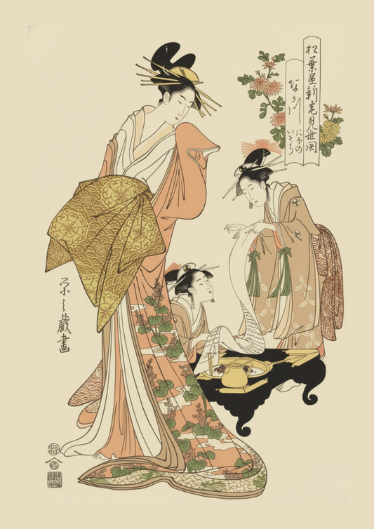 Traditional Japanese artwork of three women in elaborate kimonos with floral elements.