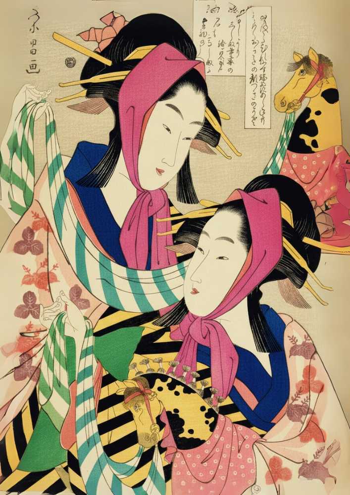 Traditional Japanese artwork of two women in elaborate clothing with decorative hair accessories.