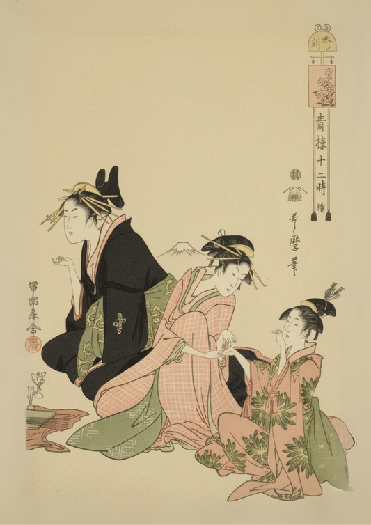 Traditional Japanese artwork of three women in formal attire on a beige background