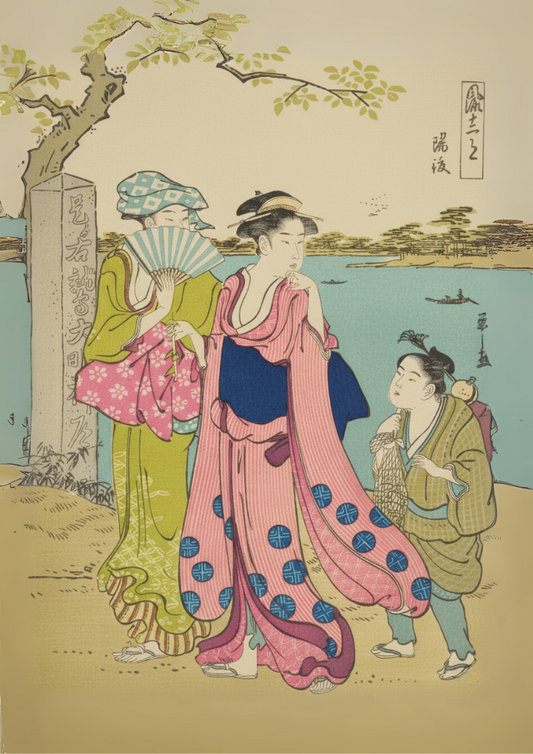 Traditional Japanese artwork of three people in colorful kimonos by a lake.