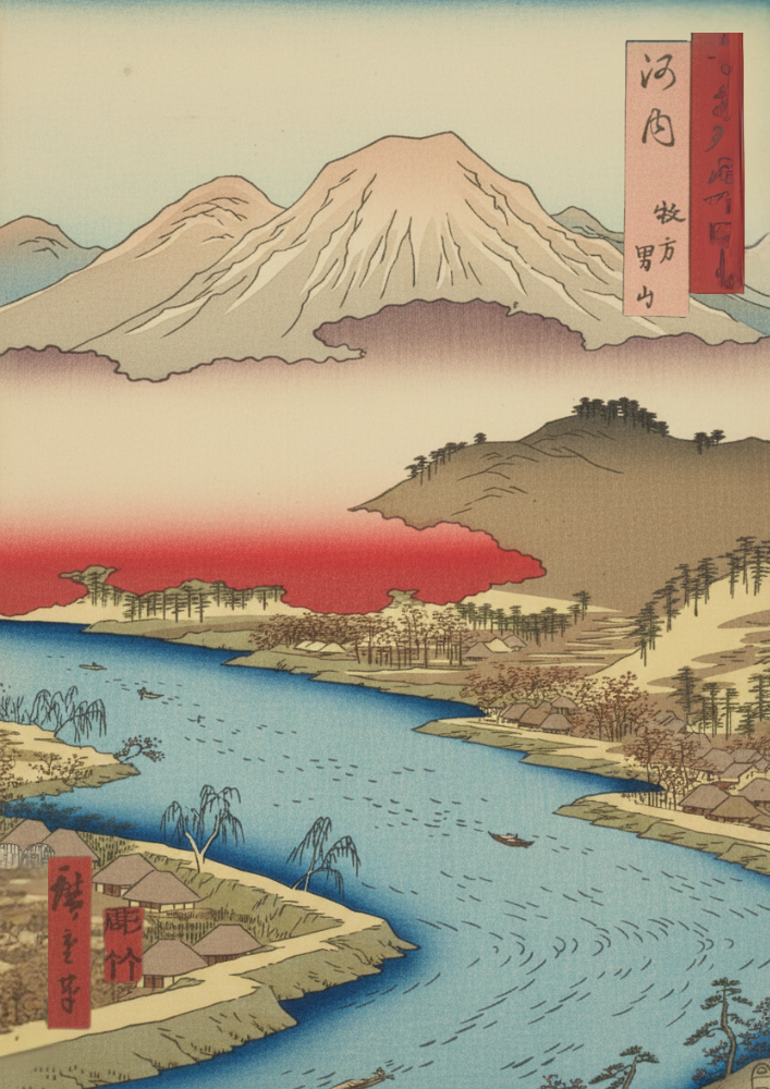 Traditional Japanese woodblock print of a mountain and river landscape.