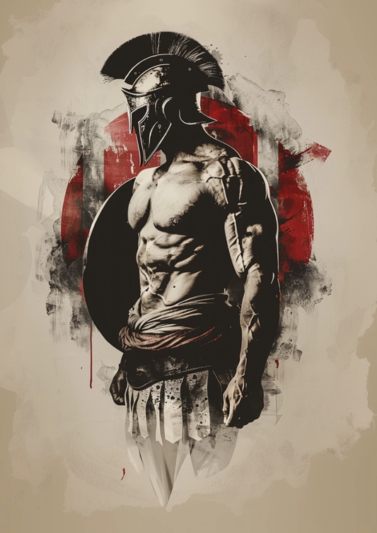 Artistic depiction of a warrior in a helmet with a red and black circular design on a beige background