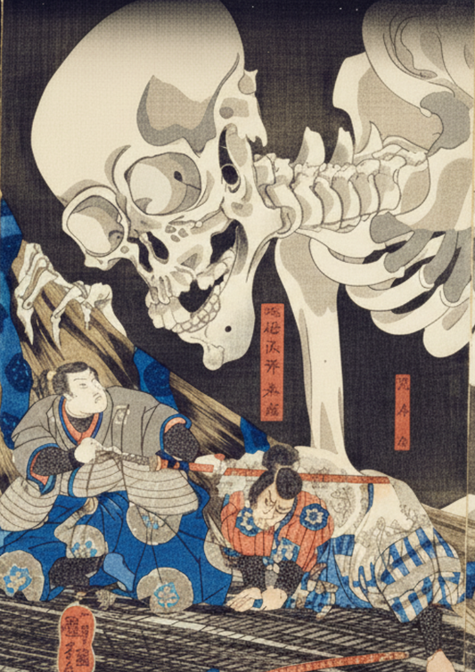 Traditional Japanese woodblock print with a large skeleton and two people in the foreground