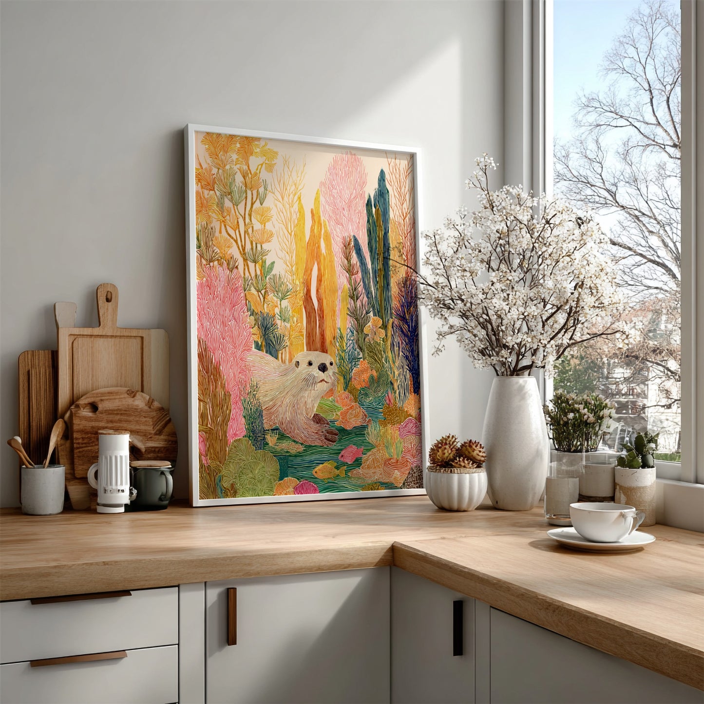 Kelp Otter Gold art print featuring a cute otter in a colorful underwater kelp forest.