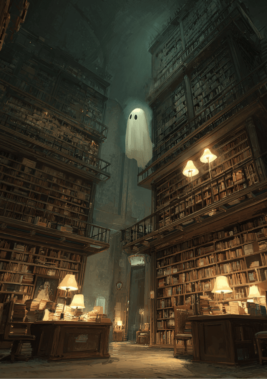 Ghost in Library Poster – Surreal Book Lover Wall Art