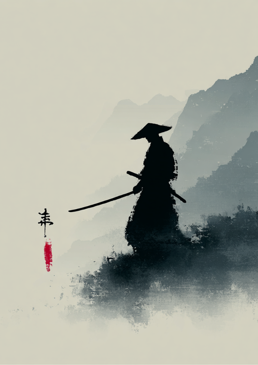 Silhouette of a samurai with a sword against a mountainous background