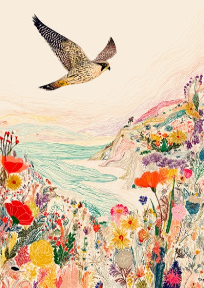 Clifftop Falcon Bloom poster featuring a falcon flying over a colorful floral cliffside and sea.