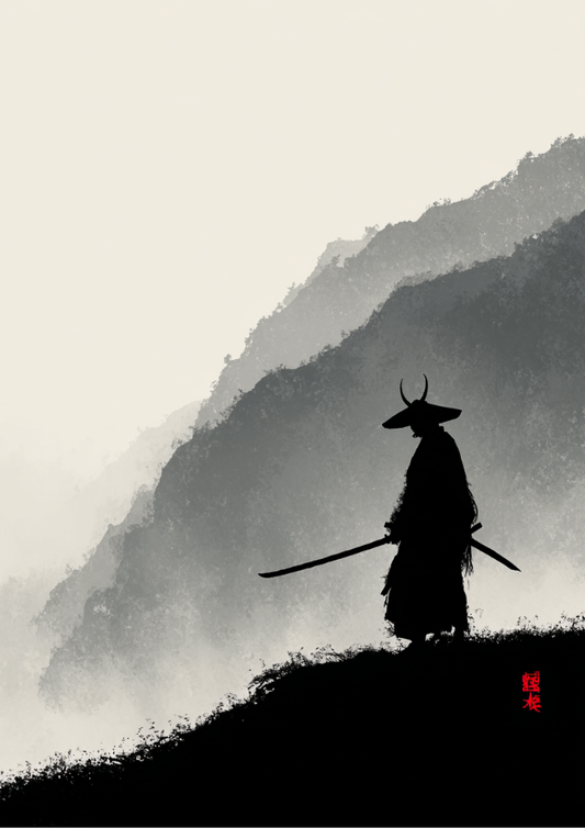 Silhouette of a samurai with a sword against a mountainous landscape