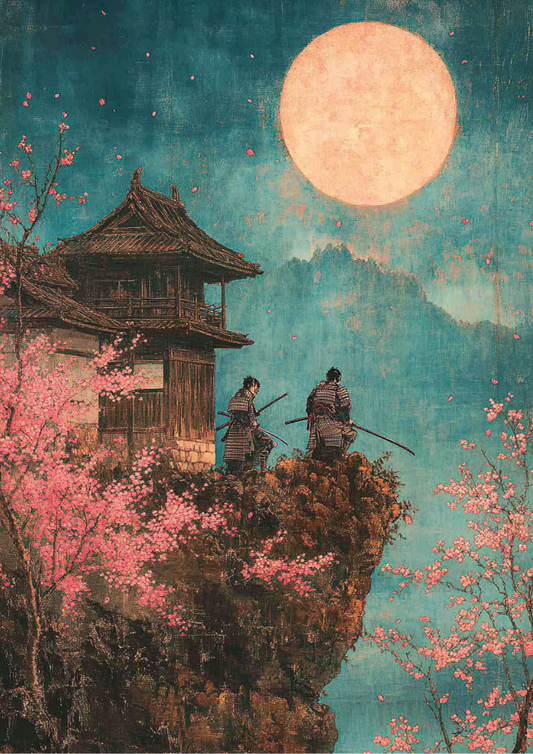 Two samurais on a cliff with cherry blossoms and a large moon in the sky
