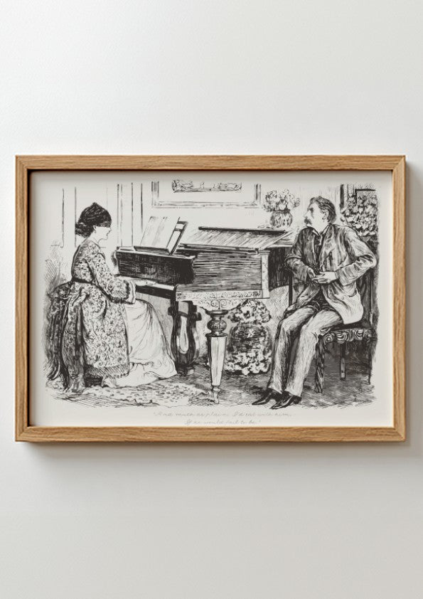 George du Maurier's "And Mist or Glim, I'd Sail with Him" vintage illustration of a woman at a piano and a