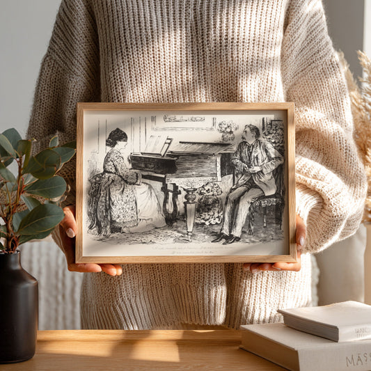 George du Maurier's "And Mist or Glim, I'd Sail with Him" vintage illustration of a woman at a piano and a